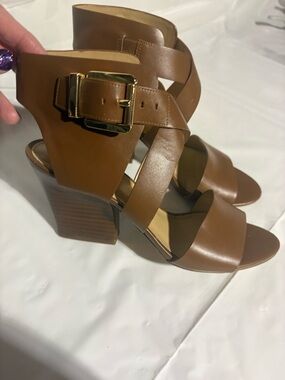 Michael Kors Cognac Brown Leather Block Heel Sandals with Gold Buckle